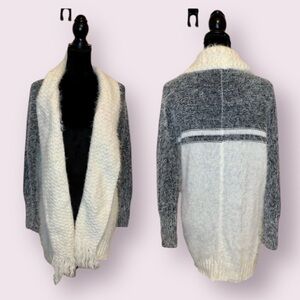 Oceanus Eyelash Knit Long Cardigan Sweater White Gray Fringes Open Front Small